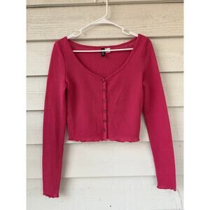 **H&M DIVIDED** Hot Pink Ribbed-Knit Long-Sleeve Top Women's Small